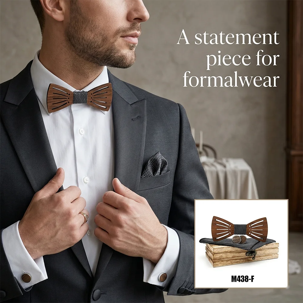 Wooden Bowtie Kit Handkerchief Cufflinks Tie Clip Wood Box - Rustic Wedding Bowtie Custom Engravable Wood Box Groomsman Box