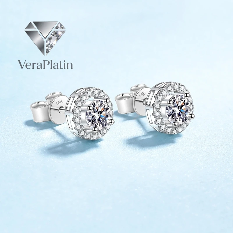 

VeraPlatin Lover Engagement 18K White Gold Women Wedding Fine Jewelry 0.5/1CT Moissanite Diamond Wife Birthday Gift PT950 Stud E