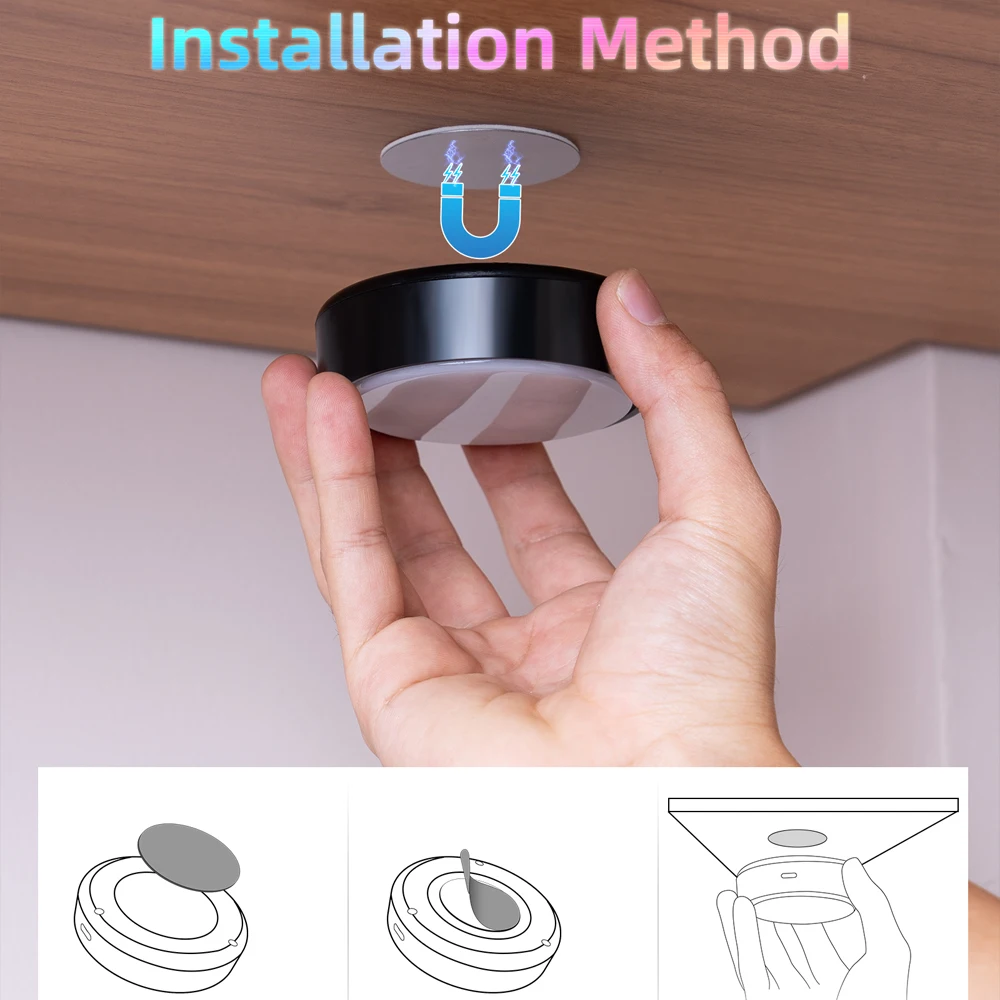 3-6 قطعة أسود RGB + CCT مصابيح LED مستديرة تحت الخزانة مصباح الخزانة الأثاث عكس الضوء خزانة عرض كتاب لمبة مكتب التحكم عن بعد