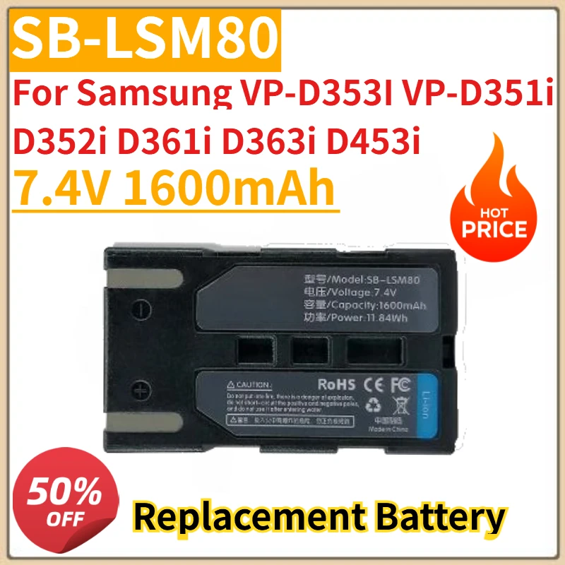 

High Quality New SB-LSM80 Camera Battery 1600mAh 7.4V for Samsung VP-D353I VP-D351i D352i D361i D363i D453i