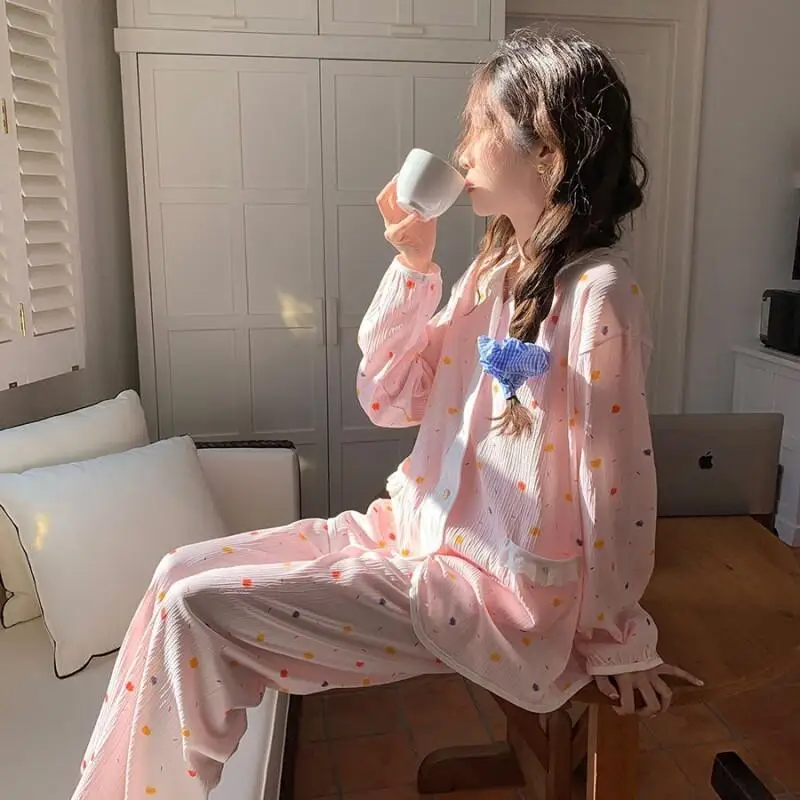 

Женский пижамный комплект, модная домашняя одежда, пижамный комплект с длинными рукавами, кружевной воротник с цветочным принтом для женщин, домашняя одежда на весну и осень