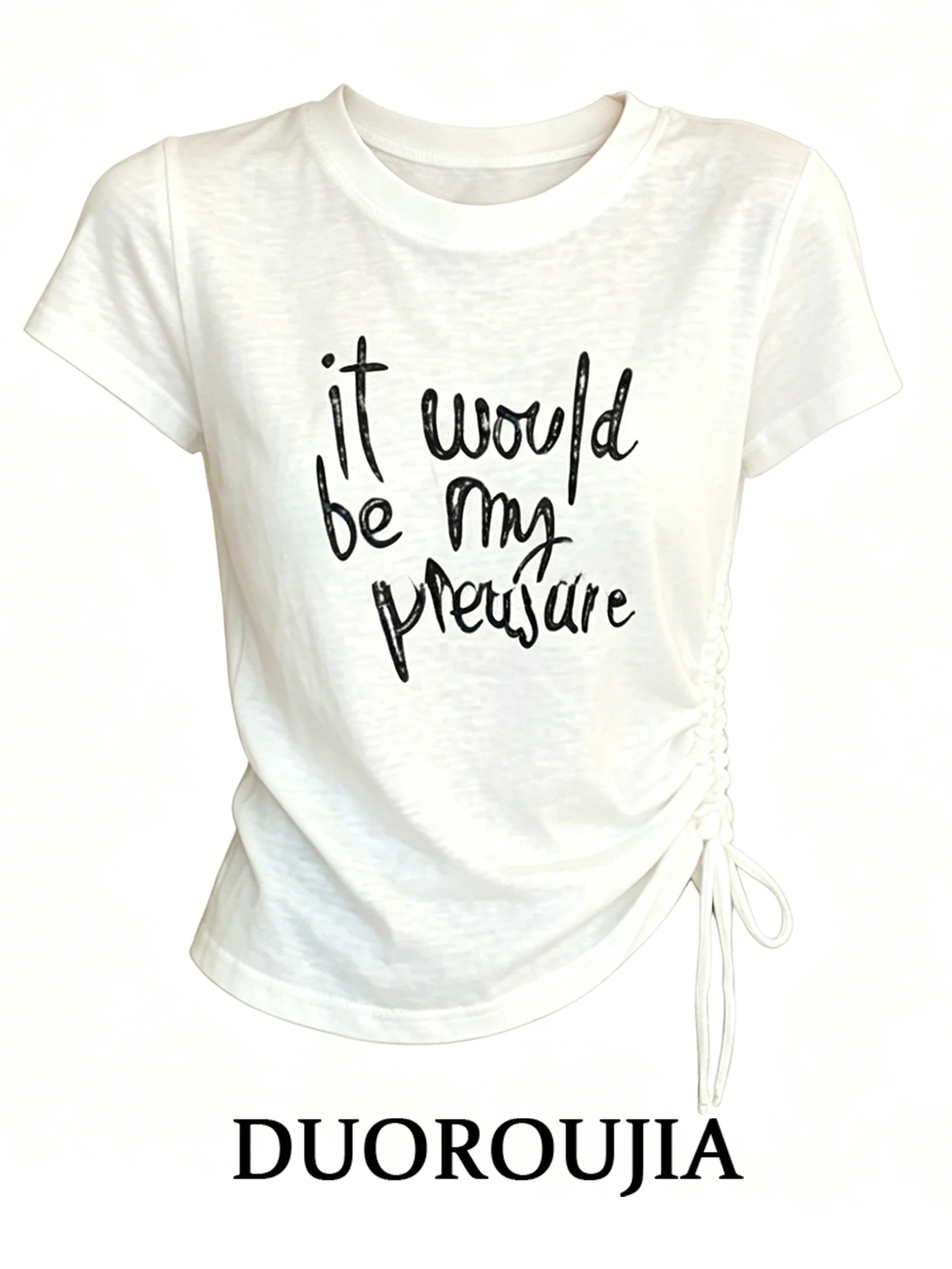 

plus Size Korean Style Letter Print Short Sleeve T-Shirt Women Summer Drawstring Design Versatile Slimming Top DUOR Brand