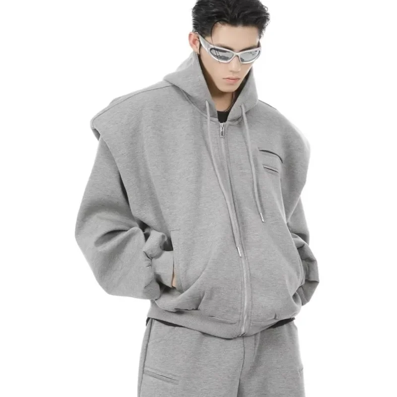 Men's Short Hooded Jacket Fashion Shoulder Pads Zip Up Casual Couple Varsity Sweatshirt Grey Loose Solid Color Hoodies Street