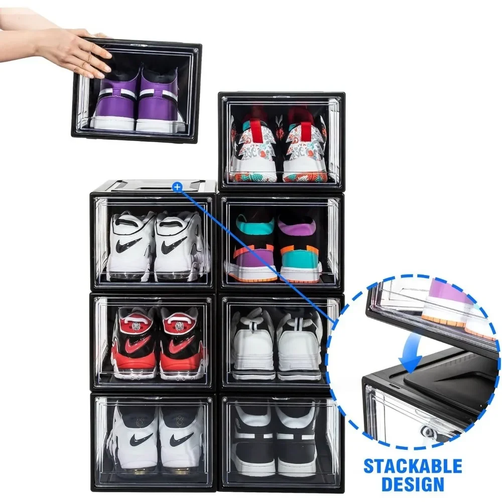 Shoerack 12 Pack Shoe Boxes Furniture Space-Saving Foldable Drop Front Shoe Storage Boxes Container With Lids Fits Up to Size 14