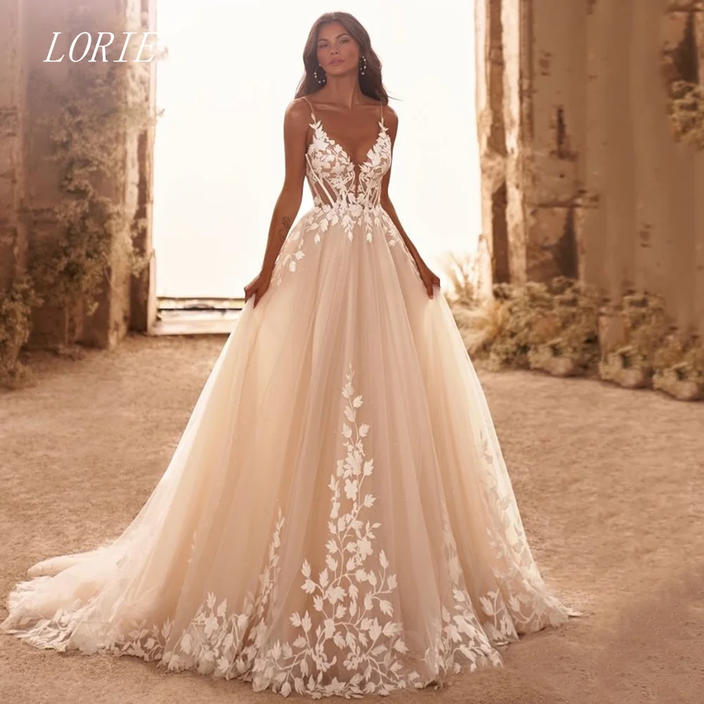 LORIE Luxury 3D Lace A Line Wedding Dress V Neck Backless Bridal Dresses Spaghetti Strap Wedding Gown Customized 2026