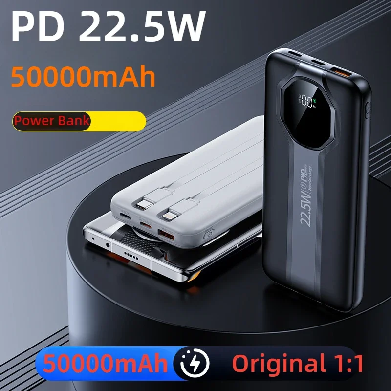 Coque de chargeur de batterie externe pour iPhone, Samsung, Huawei, Xiaomi, Power Bank, câble de charge rapide, PD 2024 W, 22.5 mAh, 50000