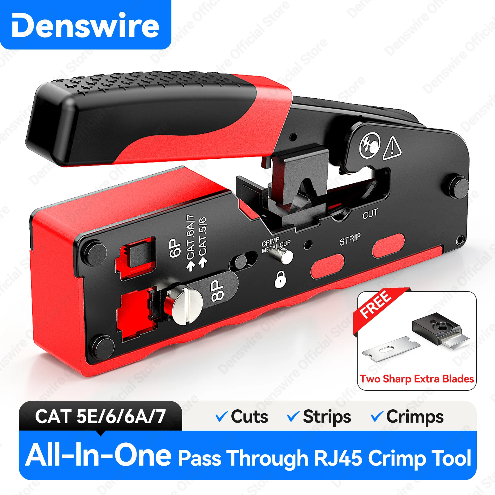 Denswire RJ45 Crimp Tool Pass Through Crimper Cutter for CAT6 CAT6A CAT5e CAT7 RJ11/RJ12 Plugs Ethernet All-in-one Pass Through