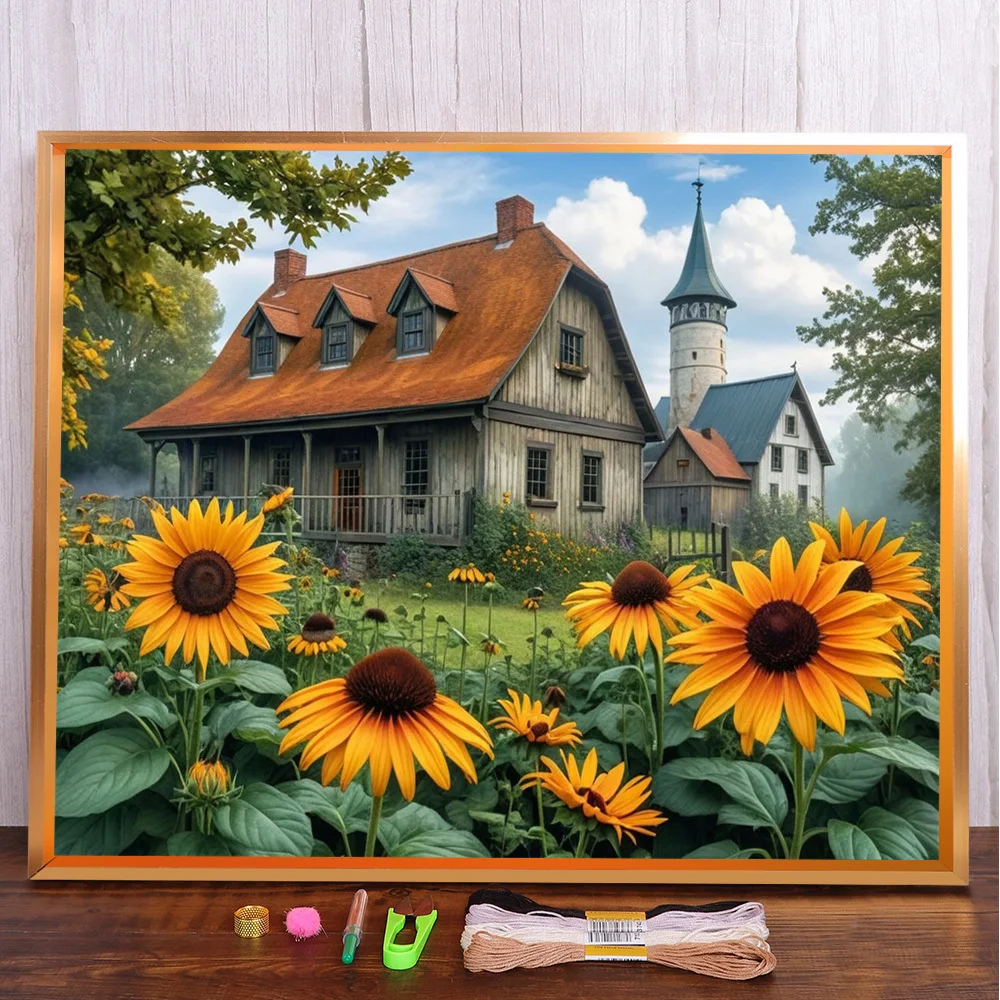 

Flowers Sunflower Printed Cross Stitch Embroidery Full Kit DMC Threads Handiwork Sewing Handmade Knitting Needle Gift For Adults