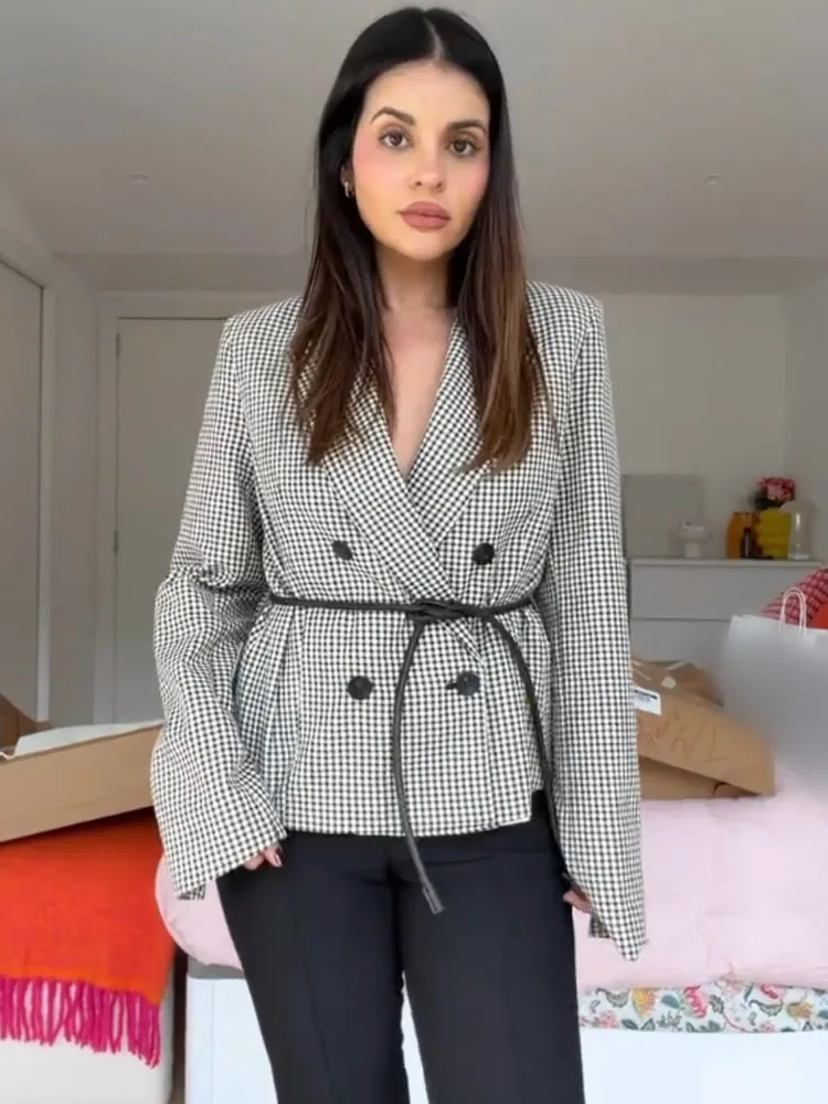 

HH Women Fashion Long Sleeve Plaid Double-breasted Belts Decoration Blazer Female Casual Commute Short Coat Versatile Jacketer