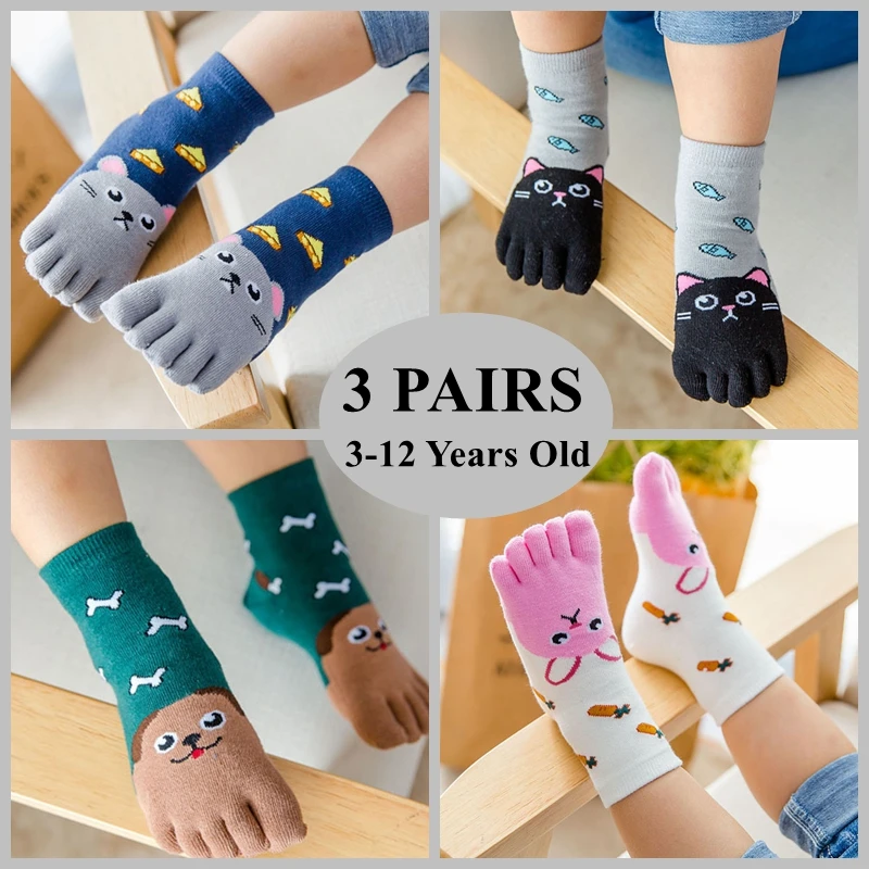 3 Pairs Kids Toe Socks Cute Cartoon Five Finger Socks Girls Boys  Kawaii High Quality Cotton Children Baby Socks Autumn Winter