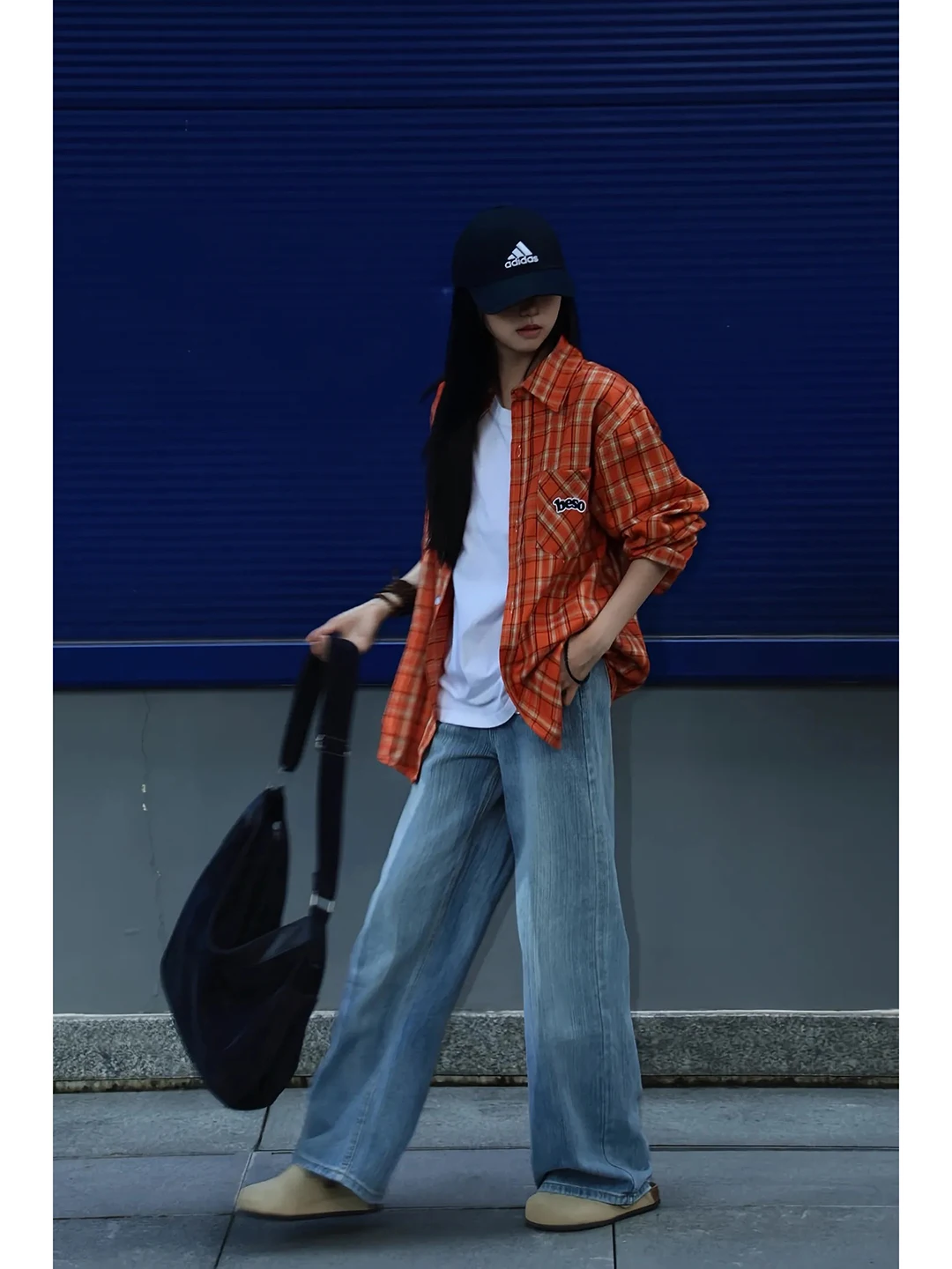 

Cleanfit Orange Embroidered Plaid Loose irt Women's Sle Autumn College Casual American Loose Outerwear irt