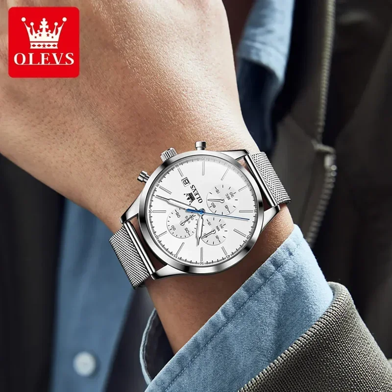 Olevs 2881 reloj para hombre, reloj de pulsera de cuarzo de acero inoxidable de lujo, correa de malla para hombre, cronógrafo luminoso resistente al agua, relojes para hombre c