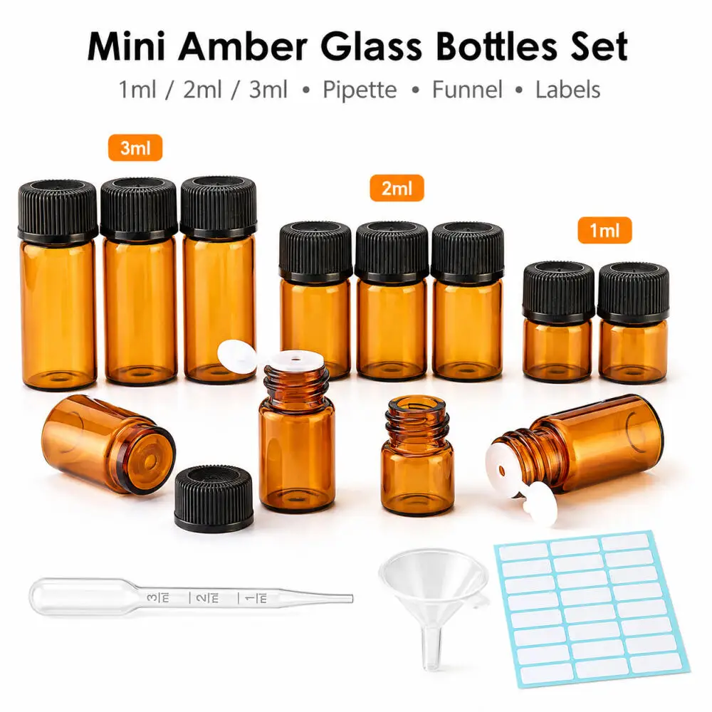 10/20Pc Mini Amber Glass Dropper Bottles Set,Black Caps Measured Pipette Funnel Labels Refillable Empty Vials for Liquid Storage