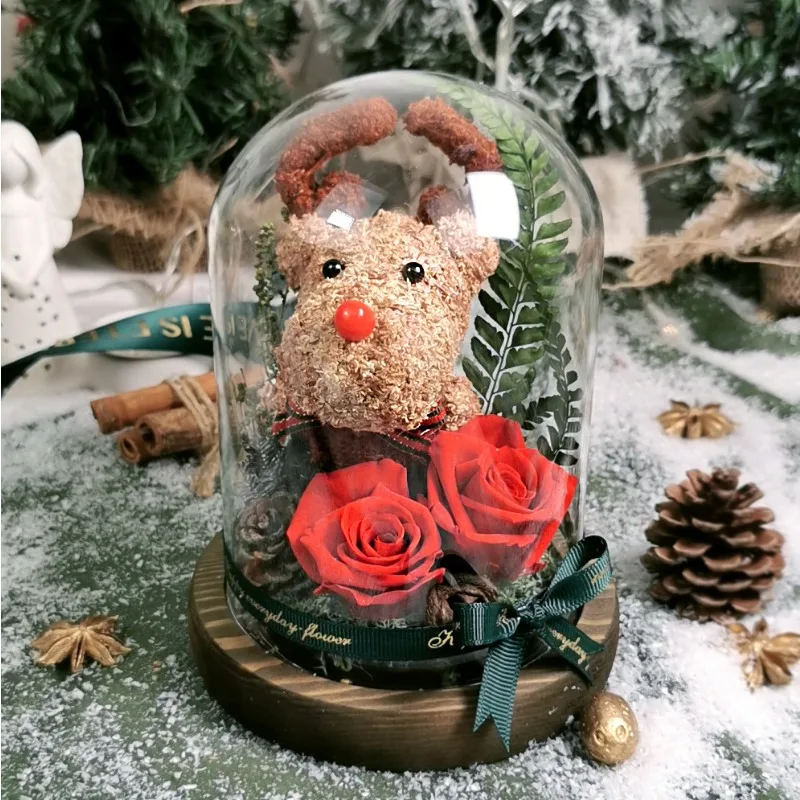 Preserved Rose in Glass Dome Christmas Decoration Eternal Flower with LED Light Rose Glass Cover Xmas Elk Valentine's Day Gift