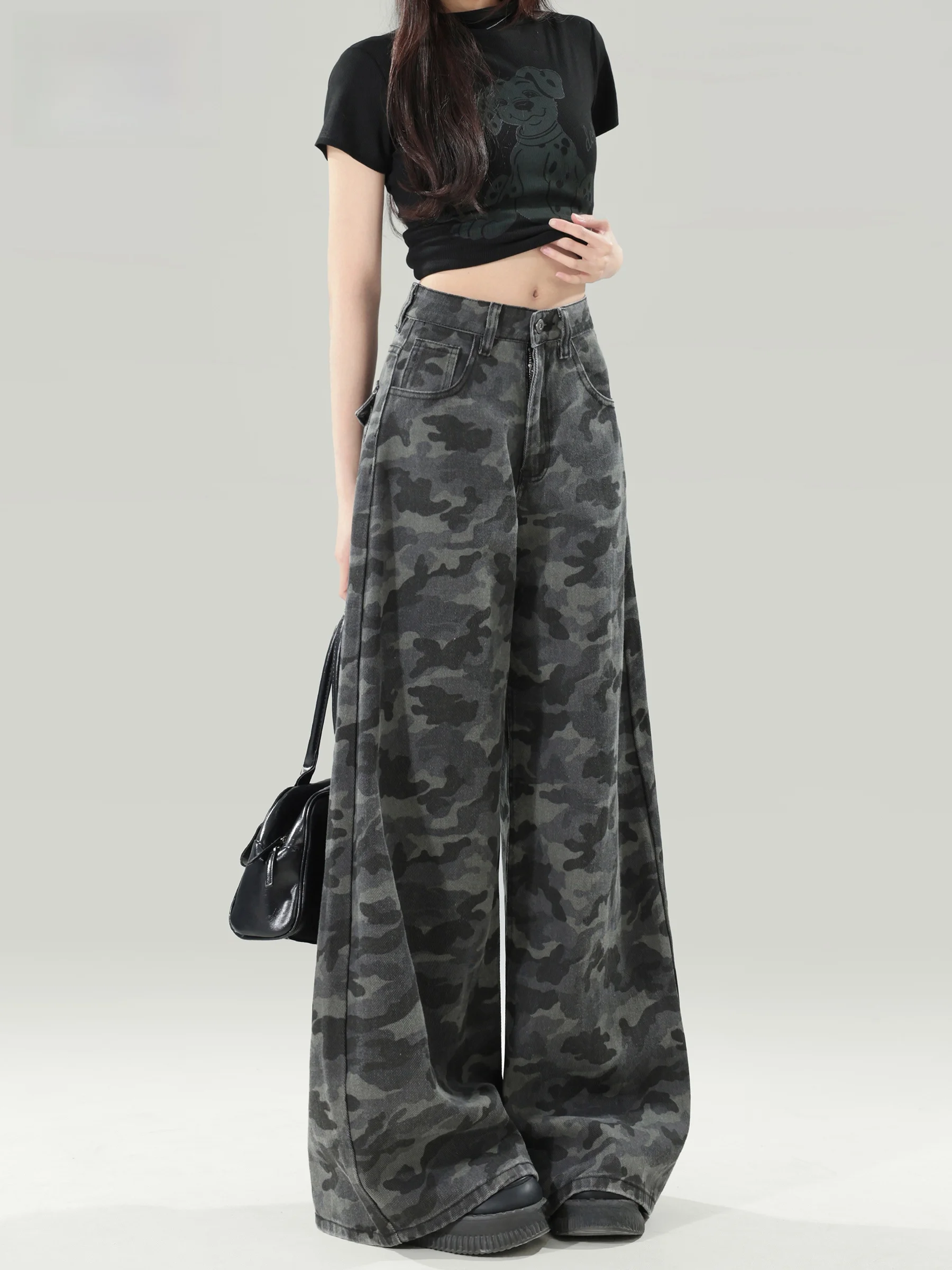 

Камуфляжные широкие рабочие джинсы в американском стиле, женские свободные брюки с высокой талией, стильные летние и осенние сезонные брюки