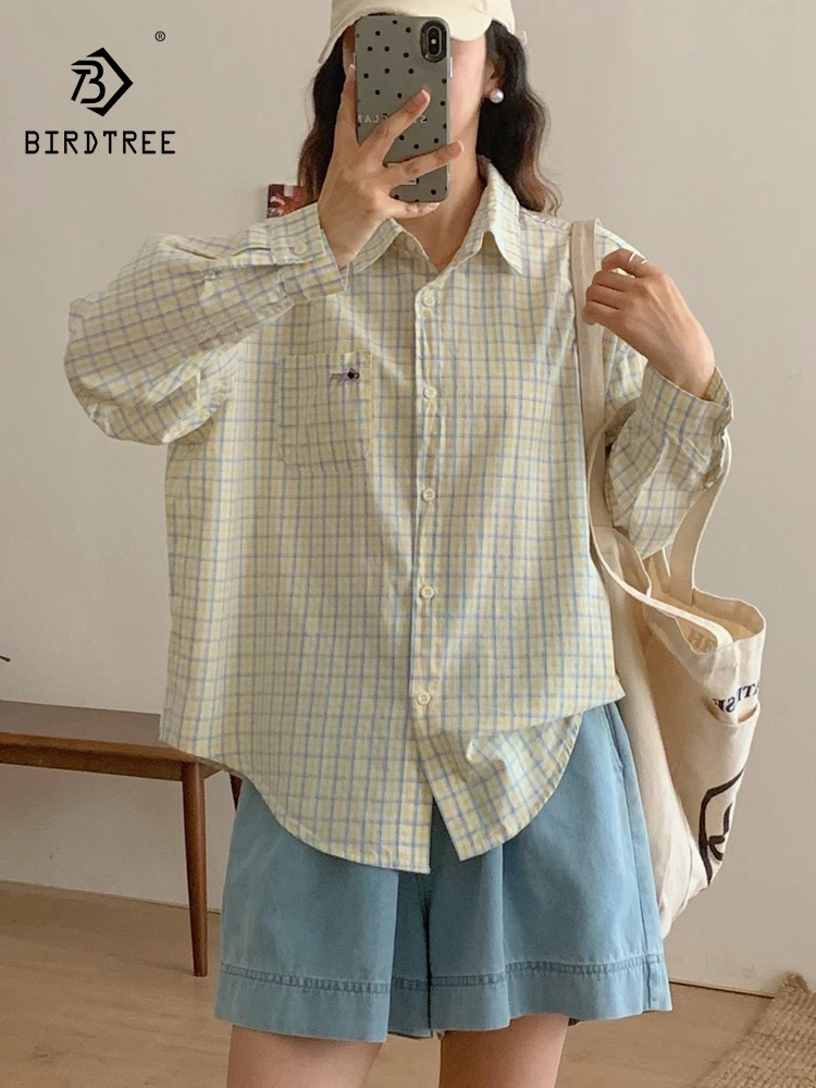

New 2025 Autumn Cotton Long Sleeve Shirt, Women Turn-down Collar Embroidery Plaid, Mori Girl Sweet Casual Loose Blouse T58486CC