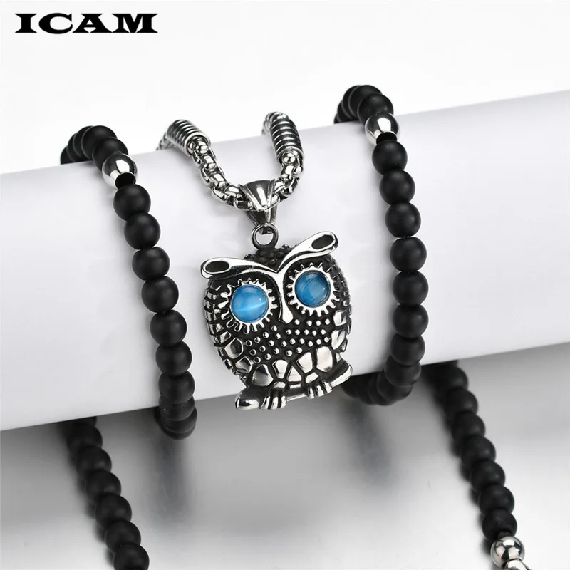 ICAM New Fashion Pure Black Beads Retro Owl Pendants Necklace Bijoux Maxi Statement Long Necklace For Women And Men Jewelry