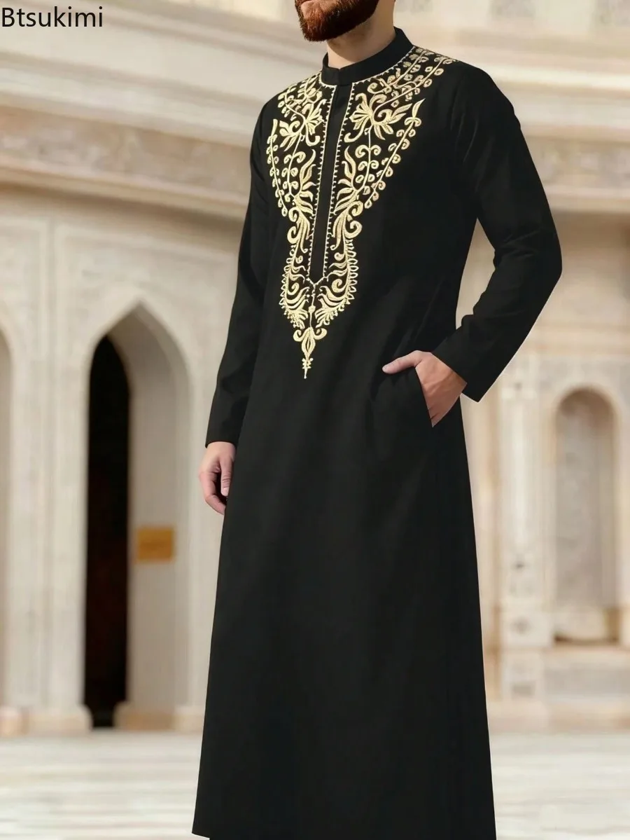 Pakaian Pria Muslim Timur Tengah, Busana Muslim Abaya Lengan Panjang Bersulam, Jubah Longgar Kerah Tegak, Gaya Etnik Jubba Thobe Pria