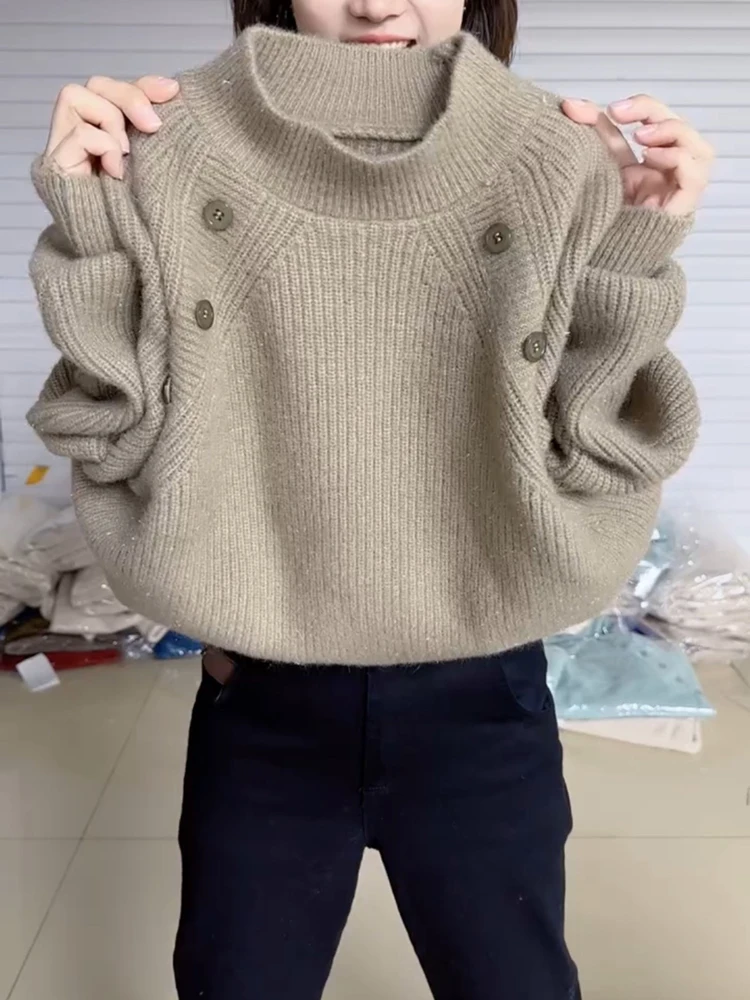 Thiened Fce f-High Collar Pure Color Button Base irt Sweater Women's Autumn Winter Faion Loose Knitted Top