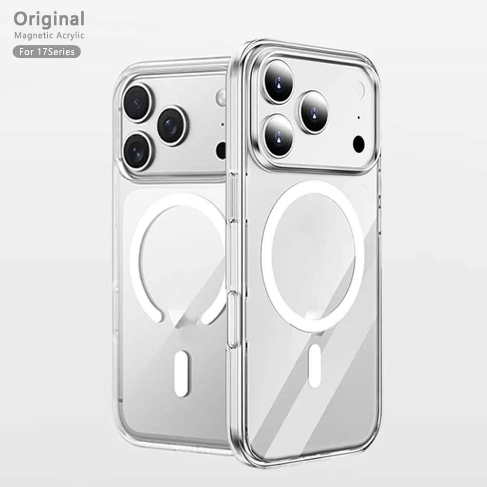 Oficial Ímã Proteção Transparente Acrílico Capa Para Iphone 17 Pro Max 17 Air Apple Magsafe Capinha Original Sem Fio Magnético Luxo Resistente Ao Arranho Borda Suave Silicone