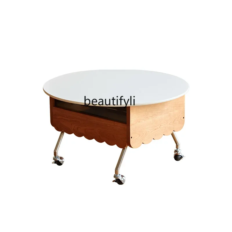 A13 القرون الوسطى الخشب الصلب بلاطة الصخور رفع طاولة القهوة غرفة المعيشة طاولة الشاي متعددة الوظائف الجانب المحمول طاولة مستديرة #5