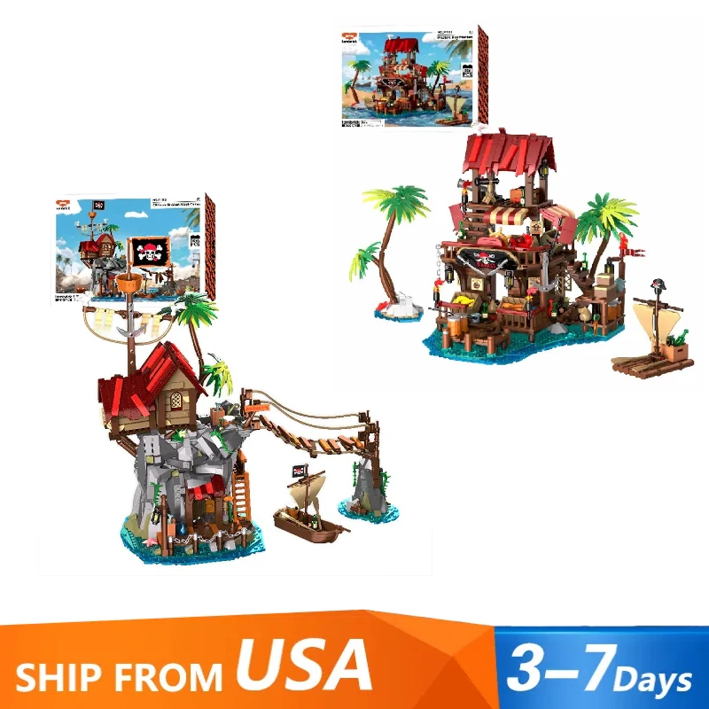 MOC-Juego de bloques de construcción de muelles medievales, mercado de la Bahía de Pirata y casa de muelle pirata, modelo de arquitectura, juguetes de ensamblaje, regalos para niños