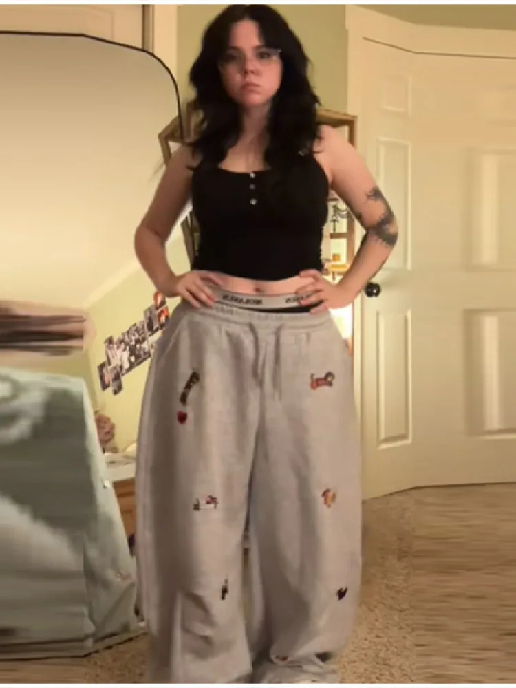 الأمريكية العصرية الهيب هوب السجق الكلب التطريز سراويل تقليدية المرأة فضفاضة مستقيم الساق Sweatpants 2025 الخريف سراويل شتوية #3