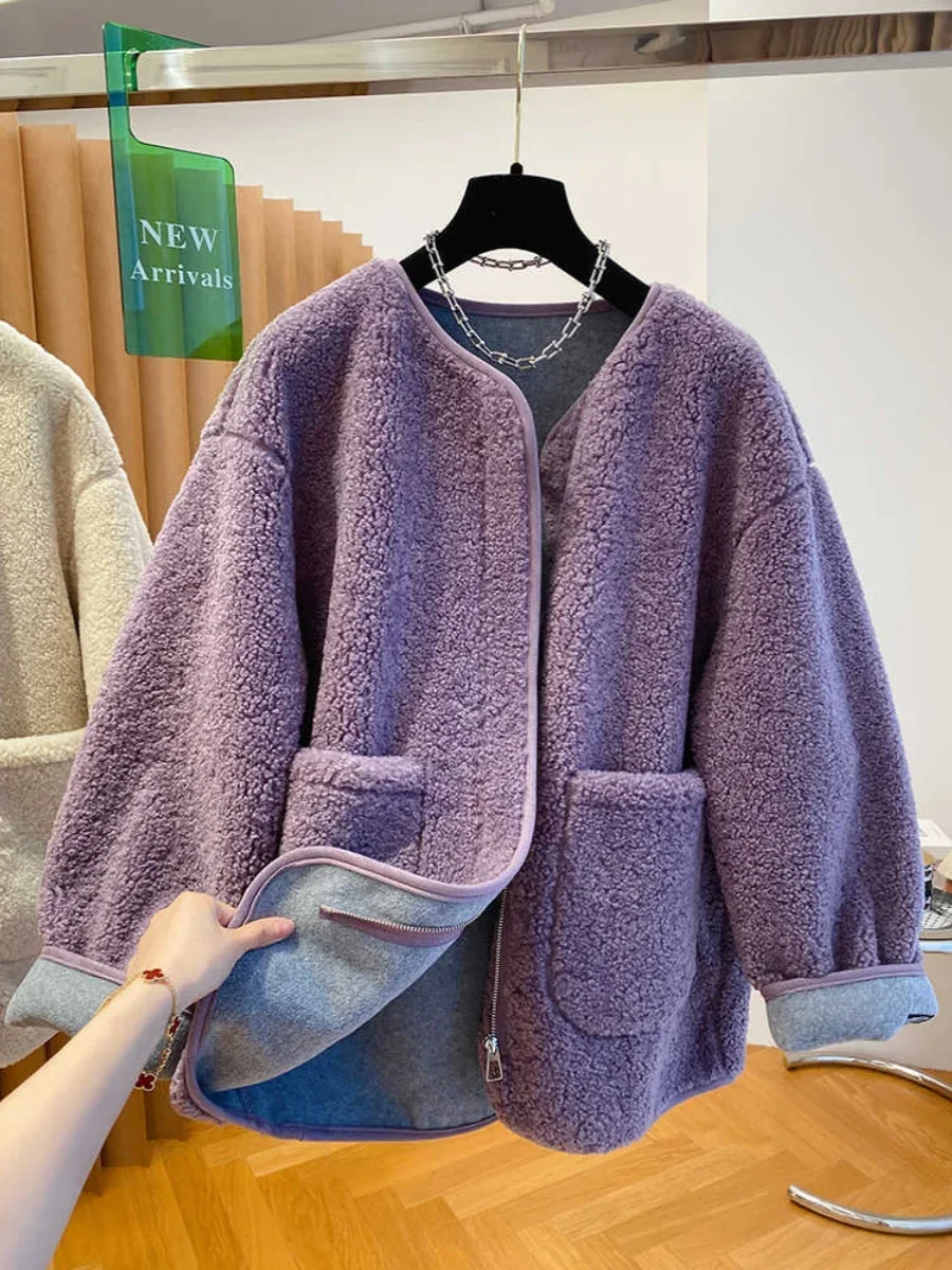 

plus Size Women's Purple Lamb Fur Jaet Thiened Loose Casual Faion Top High Waist A-Line Skirt Winter Coat Zipper Closure