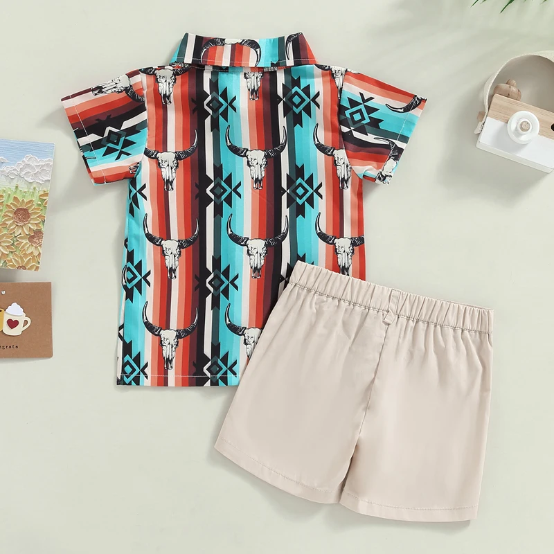 2Pcs Toddler Boys Summer Outfits Short Sleeve Graphic Print Button Down Shirt Shorts Set