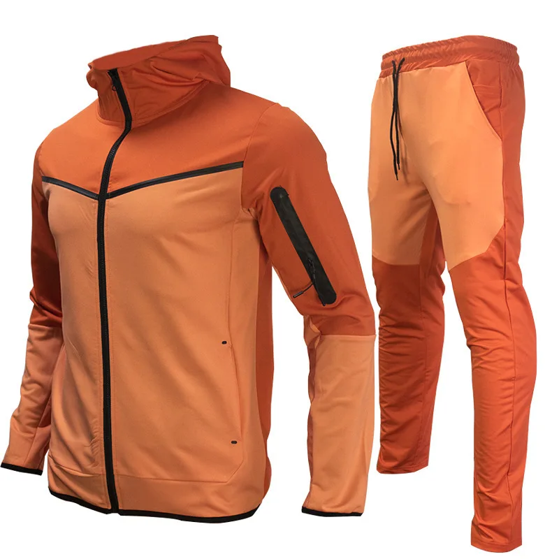 Men's Zipper Casual Sports Tracksuit Color Block Hooded Jacket And Pants Two Piece Set Harajuku Outdoor Male Clothing