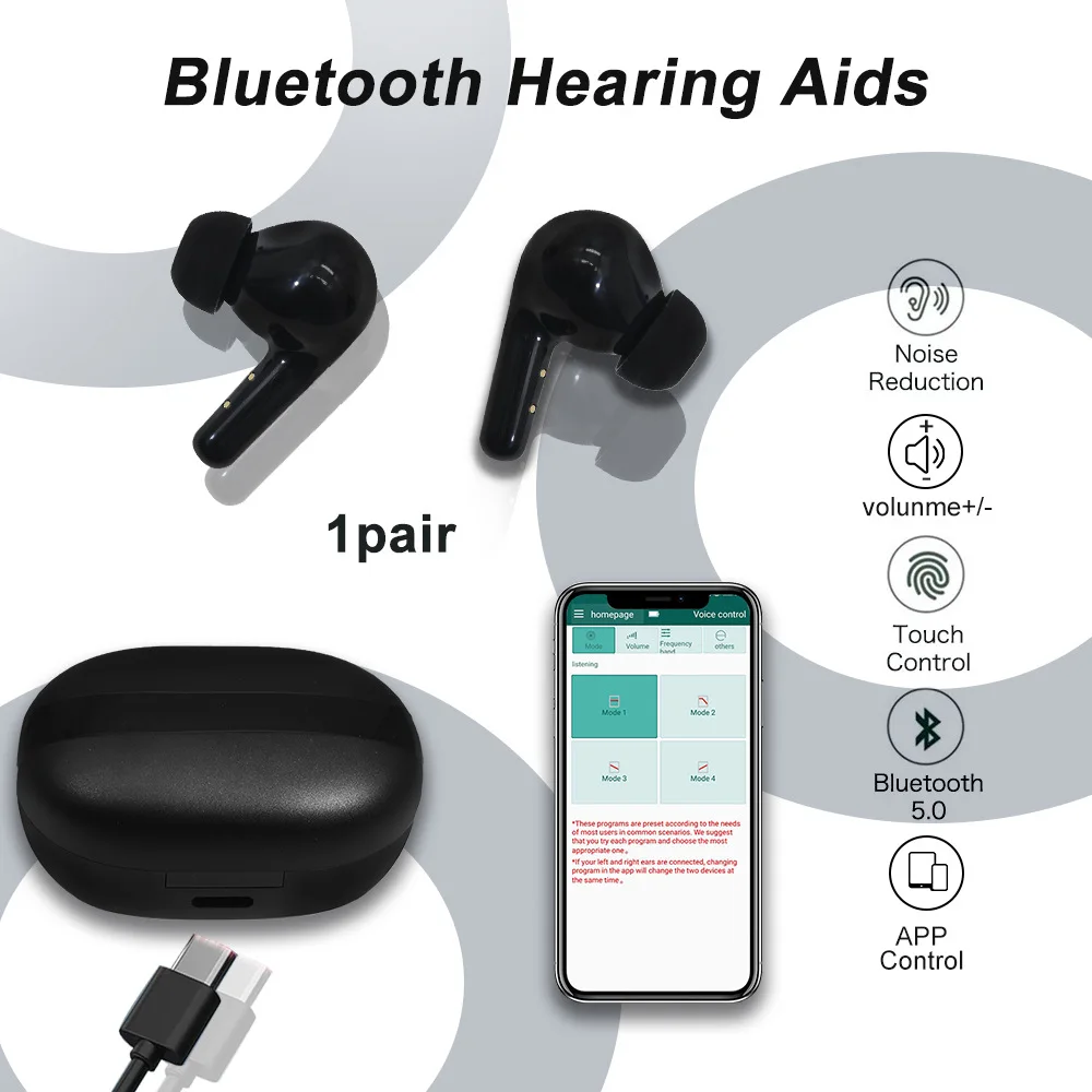 Wireless Bluetooth Earphone Hearing Aid Function Noise Reduction Headphone Rechargeable Long Battery Life APP Control For Elder