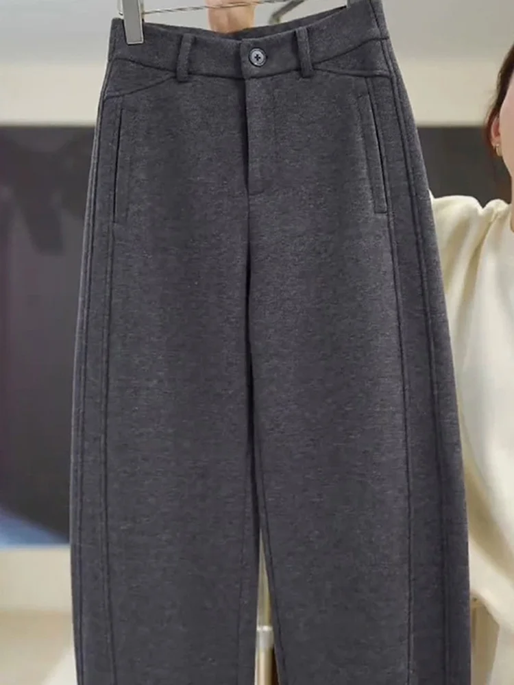 Calças Casuais de Perna Larga com Forro de Fleece para Mulheres, Cintura Alta, Corte Reto, Estilo Coreano, Detalhe Elegante