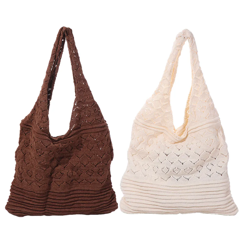

Vintage Knitted Tote Handbag Bohemian Hollowed Out Women's Daily Handbag Large Capacity Solid Color Simple Weave Shoulder Bag
