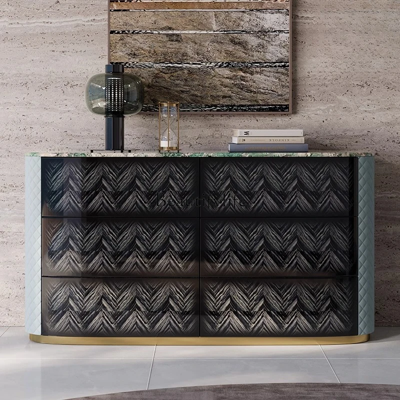 

03 Premium light luxury wood grain paint marble dining side cabinet bedroom bedside drawer storage cabinet