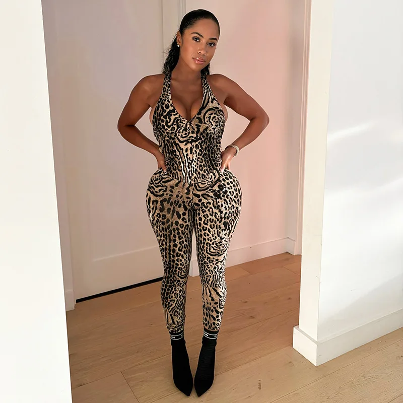 DSMTRC Women Coquette Summer Trend Playsuits Club Activity Sleeveless Fitness Stretch Workout Overalls Leopard Printed Jumpsuits