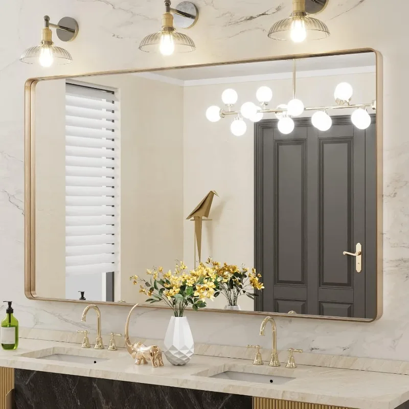 

Bathroom mirror, rounded rectangle gold frame mirror, brushed gold bathroom vanity mirror wall mounted