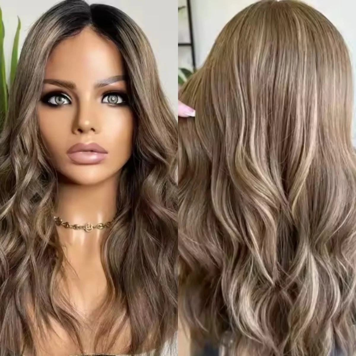 

Long Body Wig Brown Wavy Synthetic Lace Front Wig for Women Ombre Highlight Mix Color Pre plucked Middle Part Wig Top Sale
