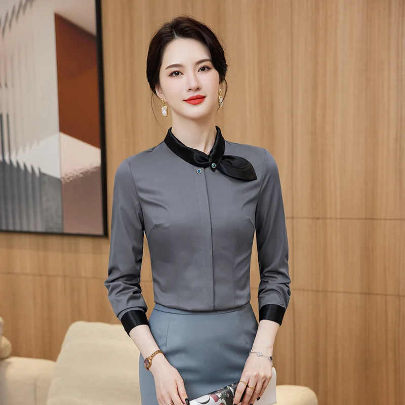 NAVIU Bow Lace Chiffon Shirt for Women Long Sleeve Professional Blouse White Professional Office Lady Work Tops Gray