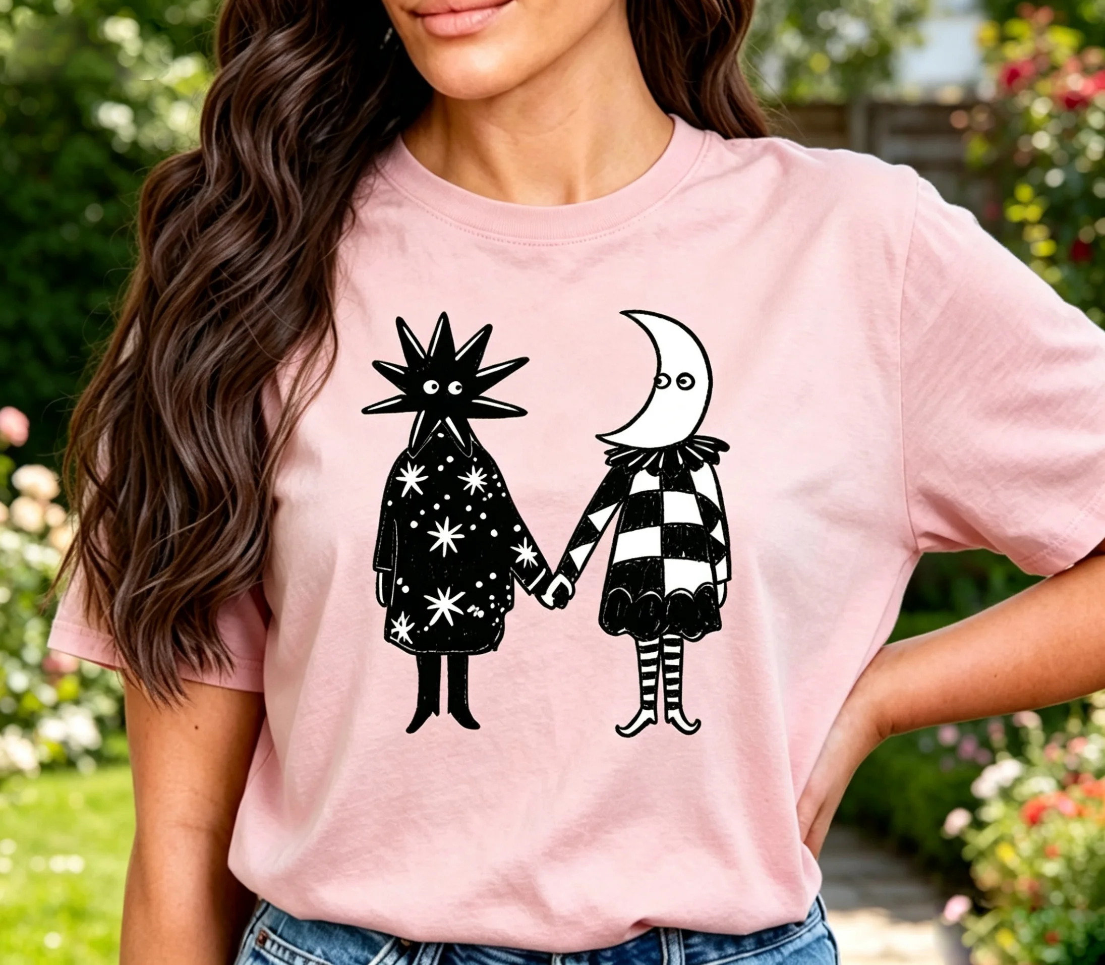 Whimsical Sun & Moon Characters Holding Hands Graphic T‑Shirt, Black White Hand‑Drawn Surreal Art Women Casual Short Sleeve Tee