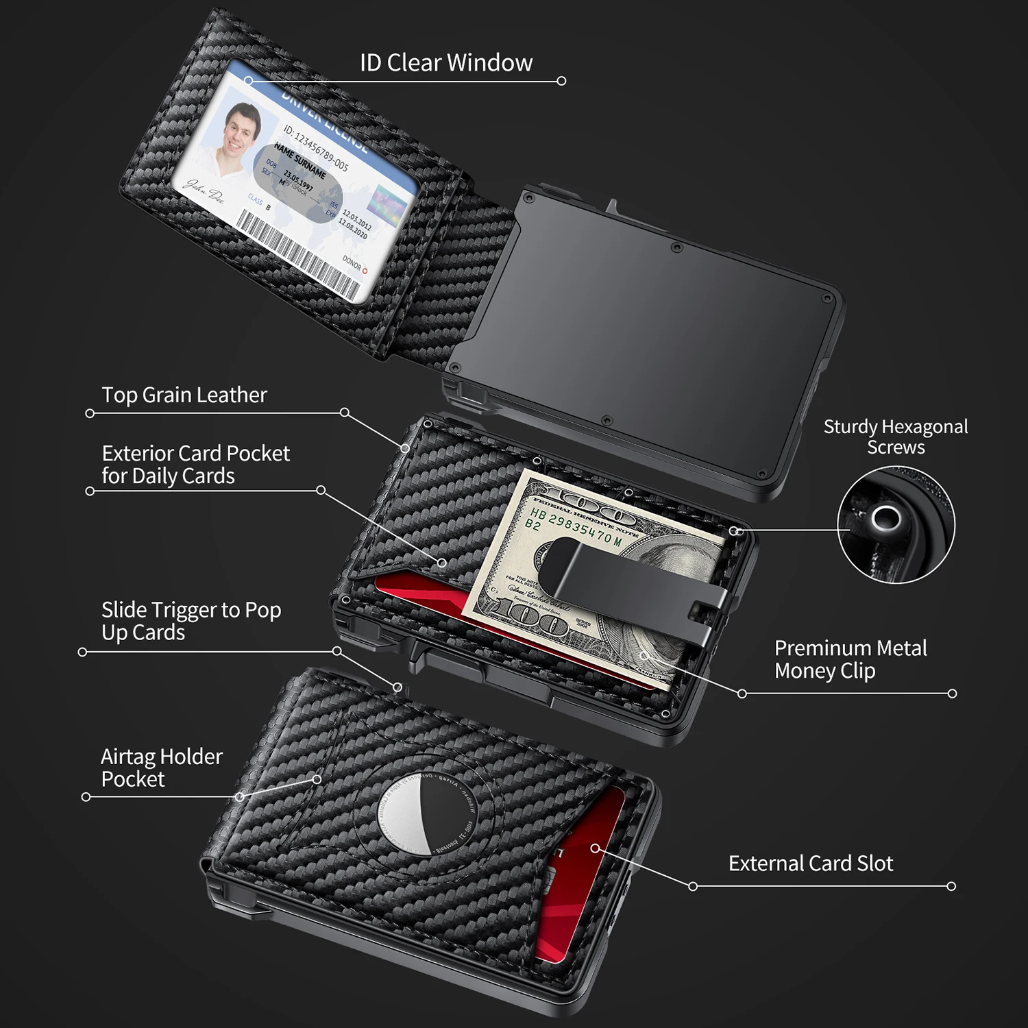 Wallet with Air Label for Men - with Money Clip Slim Leather Slots Credit Card Holder RFID Blocking Bifold Minimalist Wallet
