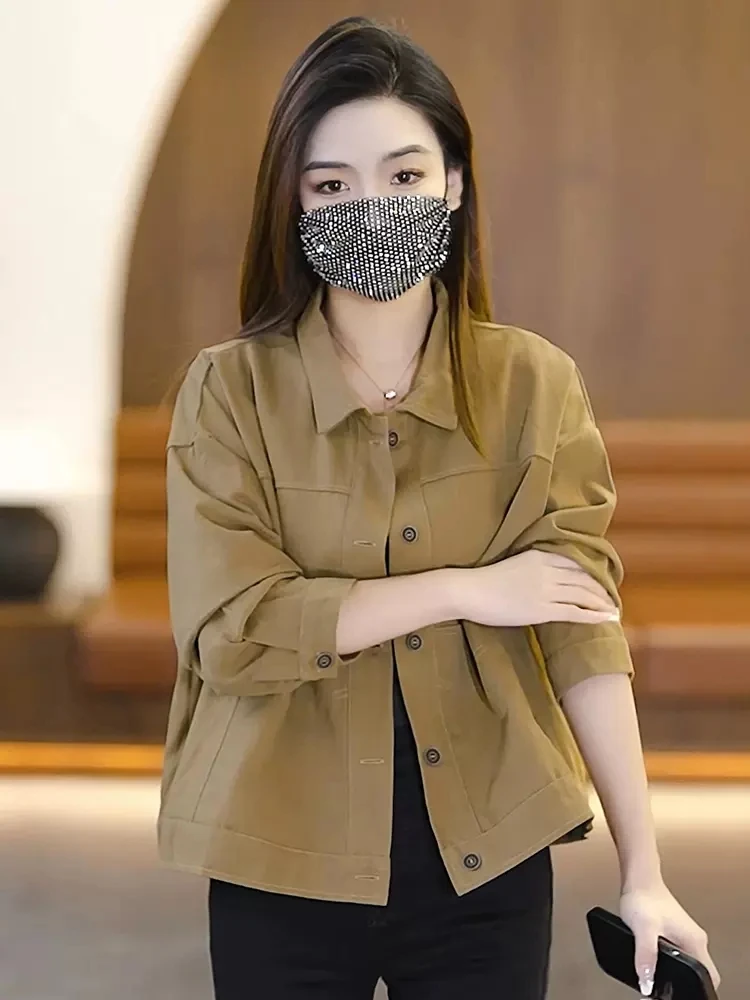 

Весенне-осенняя женская куртка свободного кроя, тонкая верхняя одежда с длинными рукавами, универсальная повседневная модель в корейском стиле, из смесового хлопка