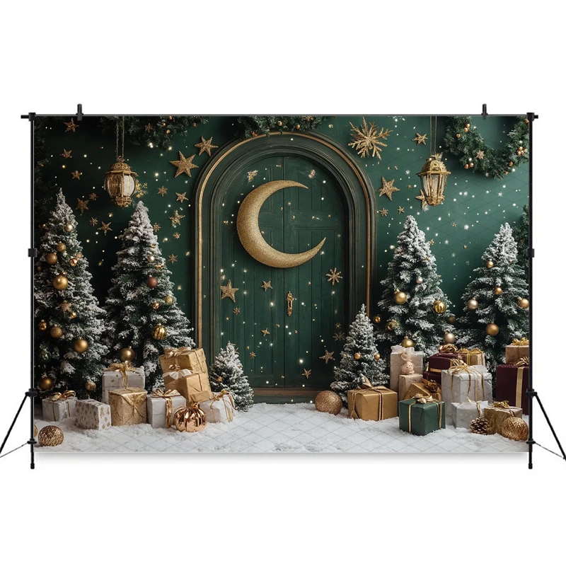 Mocsicka Dark Green Christmas Photography Backdrop Golden Moon Star Xmas Tree Snow Family Holiday Portrait Photobooth Background