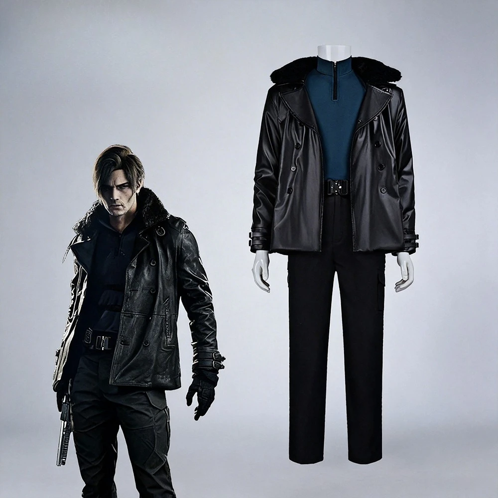 Game Leon Kennedy Re9 Evil Cosplay Costume Resident Man PU Leather Bomber Jacket Pant Set Tactical Косплей Halloween Carnival