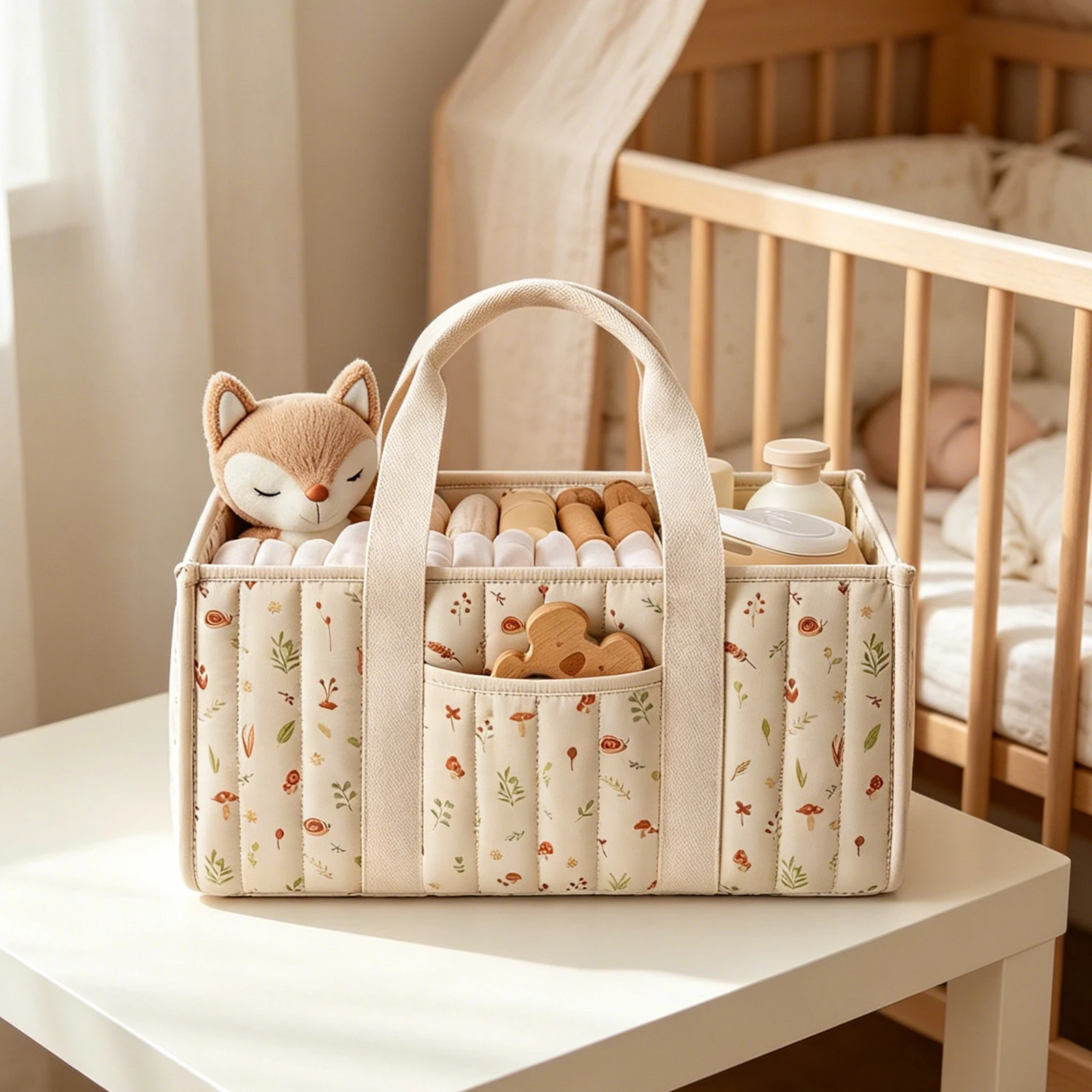 Woodland Diaper Caddy Organizer Multi-Pocket Stylish Nursery Storage Basket Foldable Mommy Bag for Shower Gift