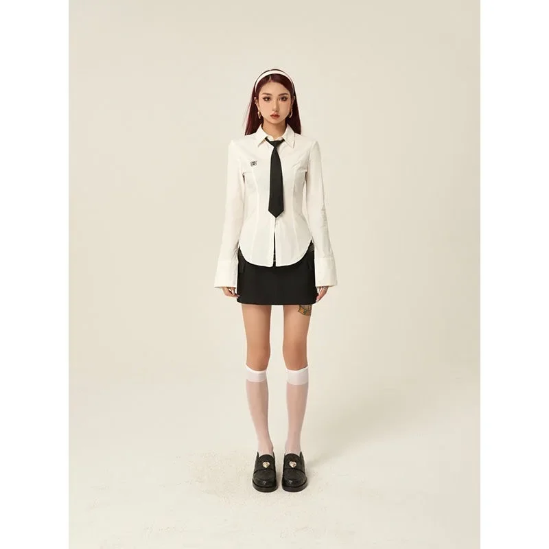 QWEEK Korean Style White Slim Shirt with Ties Gyaru Solid Color Long Sleeve Blouse Youthful Minimalist Button Up Clothes Autumn