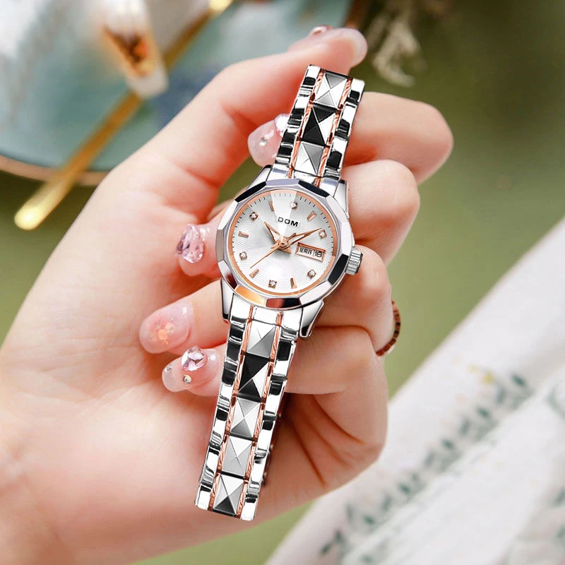 ساعات يد نسائية بسوار من الفولاذ المقاوم للصدأ ، ساعة كوارتز للسيدات ، فضة ، ذهب وردي ، عرض تاريخ تناظري ، موضة فاخرة ، 1677GD