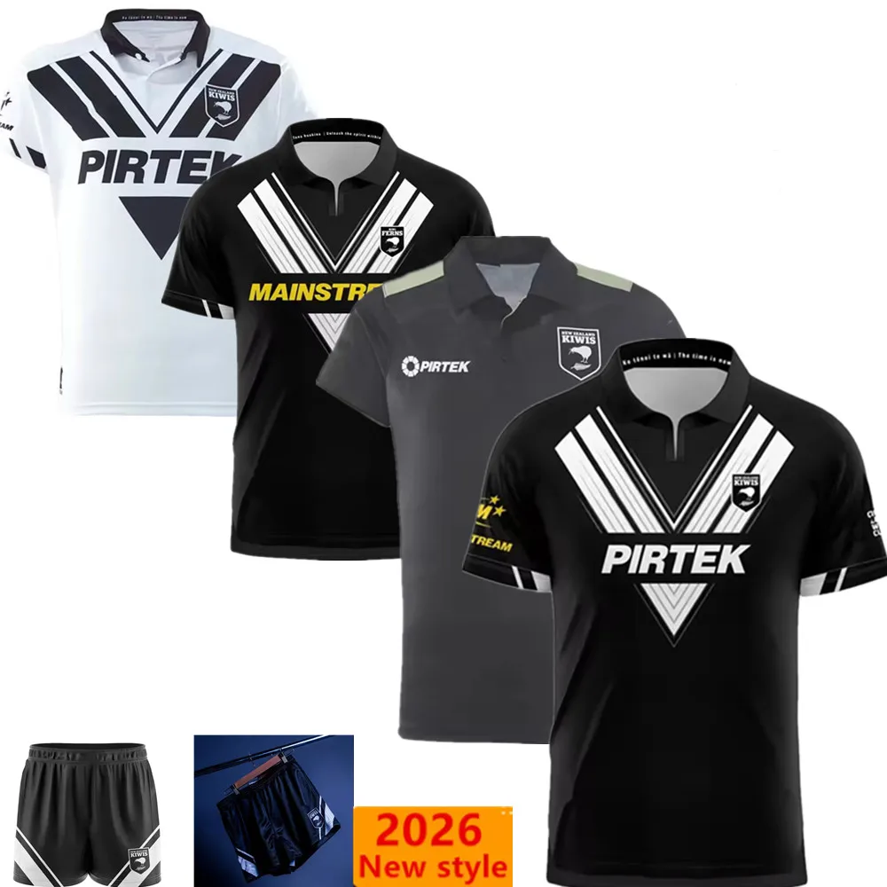 Camiseta de rugby de Nueva Zelanda 2026 para hombre, talla S-5XL, para casa/entrenamiento, sin mangas/polo, con pantalones cortos - Kiwis