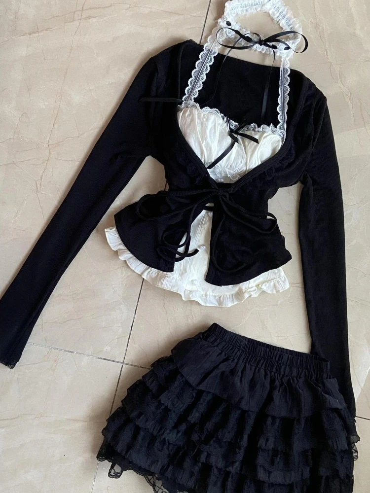 

Spring Sexy Vintage New 2 Piece Sets Women Y2k Bow Lace Design Tops+ Chic High Waist Skirt Female Retro Korean Popular Clothes