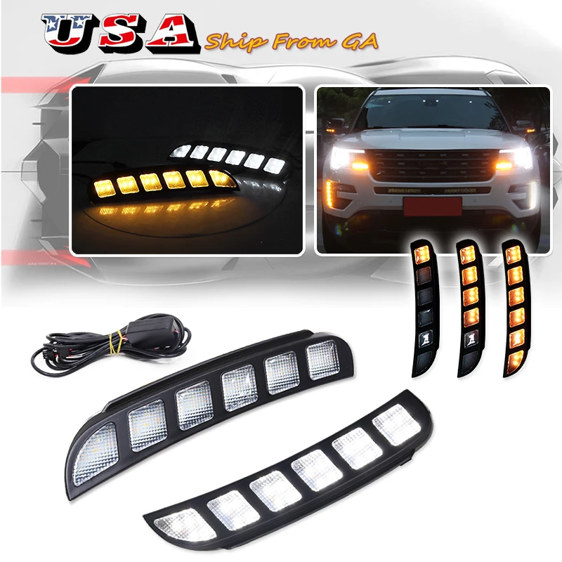 2pcs Sequential Front Turn Signal Light Assembly For Ford Explorer,White LED Parking/Driving & Full Amber LED Blinker 2016-2019