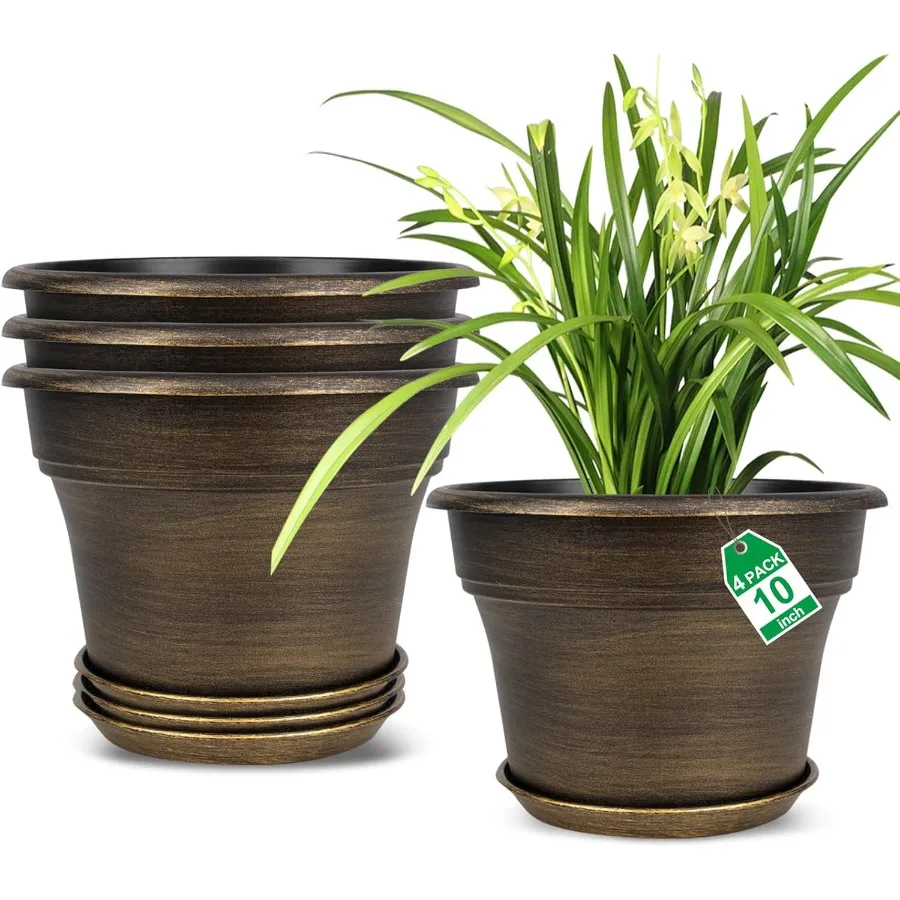 

Plant Planters Pots Set of 4 Pack 10 Inch Plastic Flower Pot for Indoor Plants with Drainage Holes Trays Resin Drative Containe